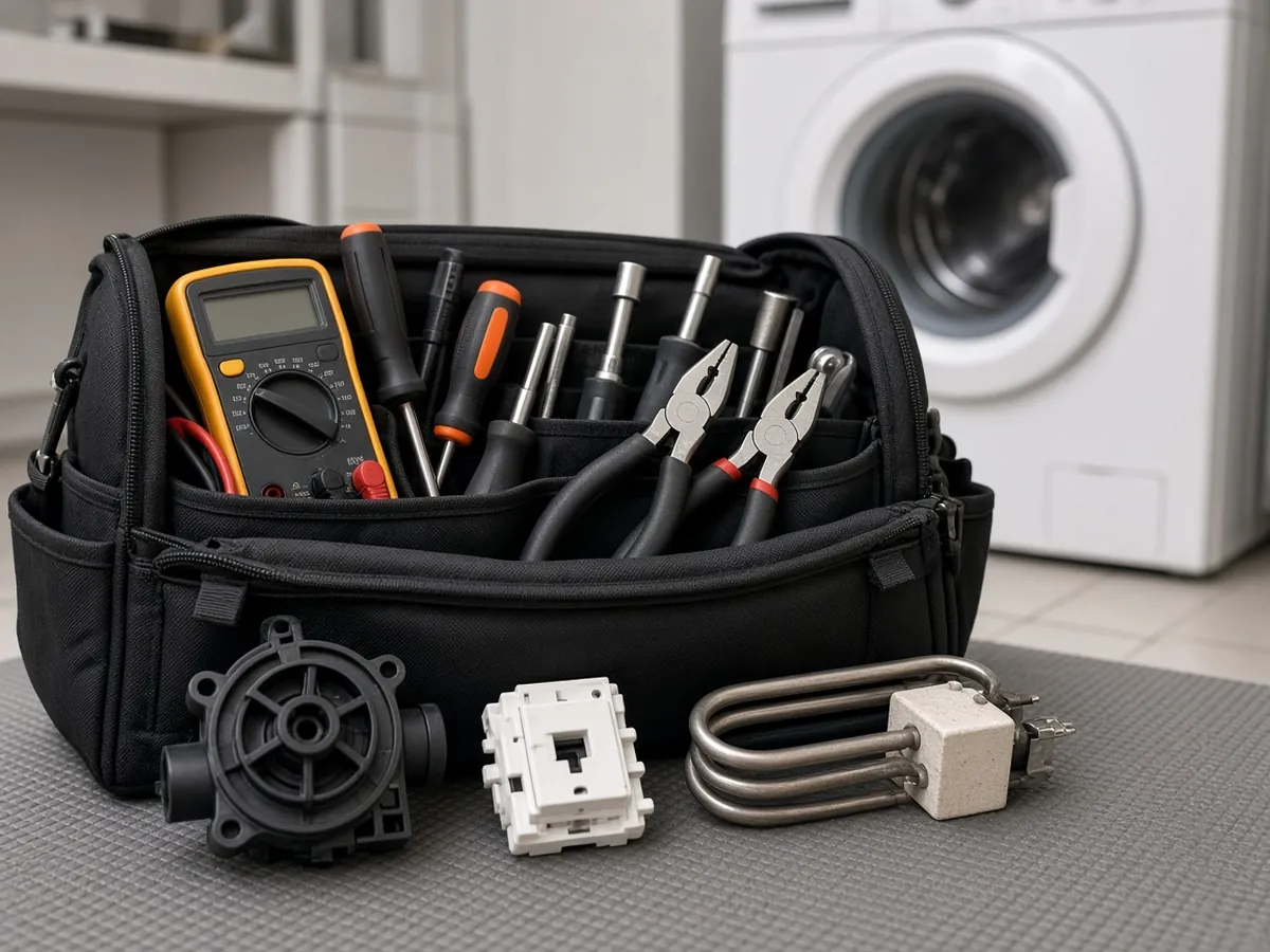 Appliance repair tool bag with a multimeter, replacement drain pump, door lock and heating element in front of a washing machine