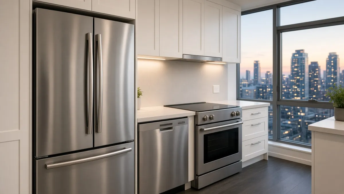 Modern Toronto condo kitchen at dusk with a French-door refrigerator, built-in dishwasher and glass-top electric range