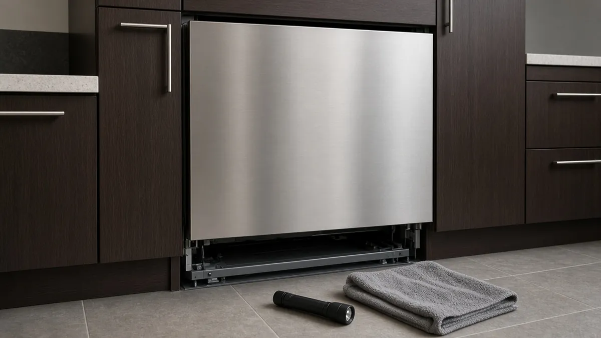 Stainless steel built-in dishwasher with the toe-kick panel removed, a flashlight and folded towel on the tile floor
