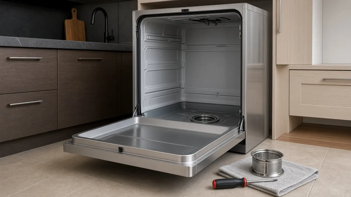 Built-in dishwasher with the door open and racks pulled out, the filter removed and set on a towel next to a screwdriver