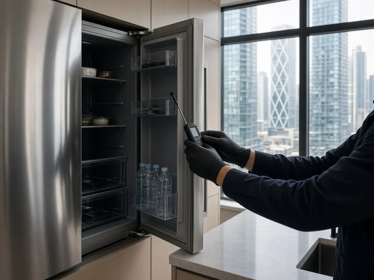 Technician checking the temperature inside a built-in refrigerator in a Downtown Toronto condo