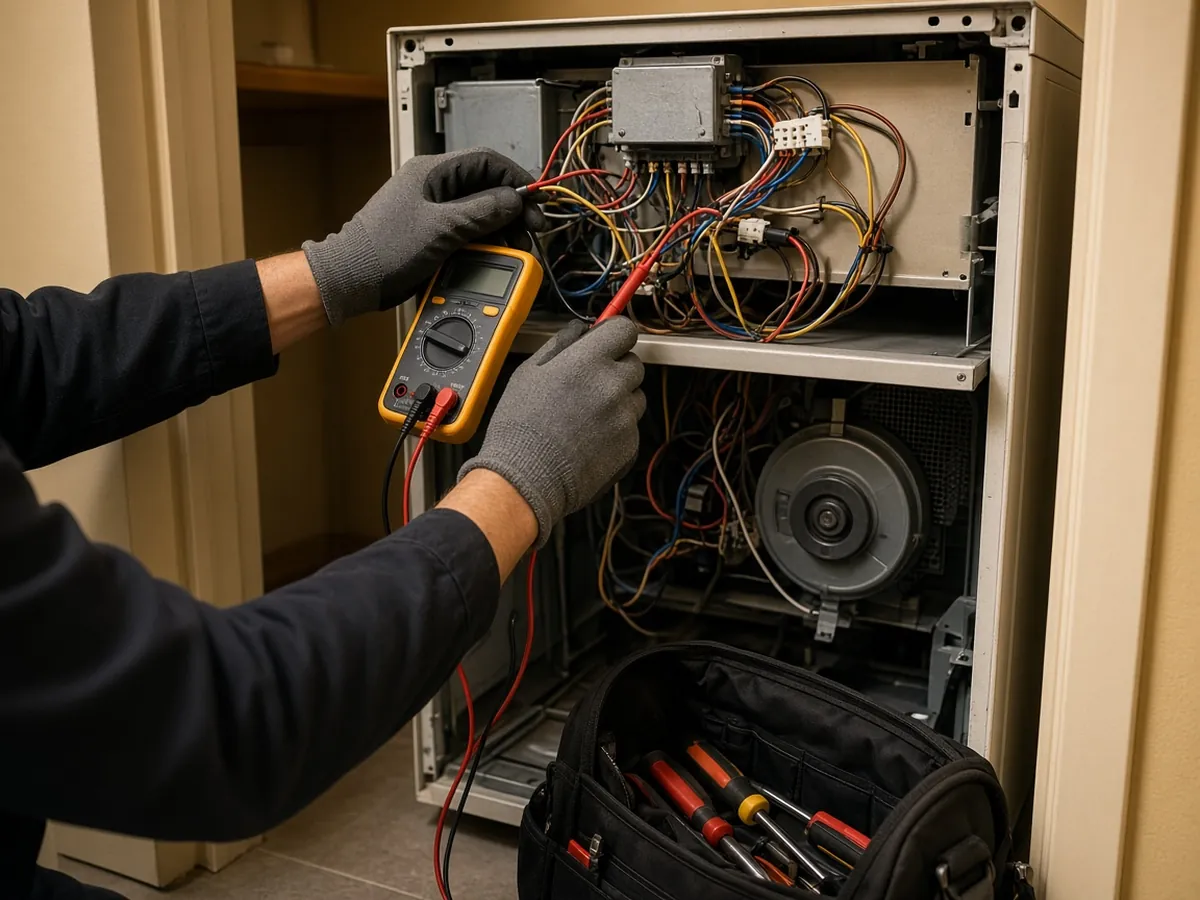 Testing the wiring of a stacked washer-dryer in a Downtown Toronto condo laundry closet