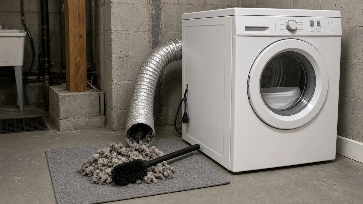 Electric clothes dryer in a basement laundry room with the foil vent disconnected and a pile of lint beside a vent brush