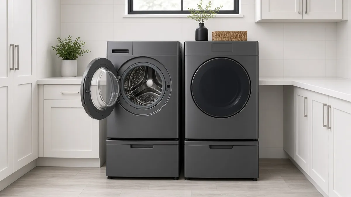 Front-load washer and dryer pair on pedestals with the washer door open showing the rubber door seal