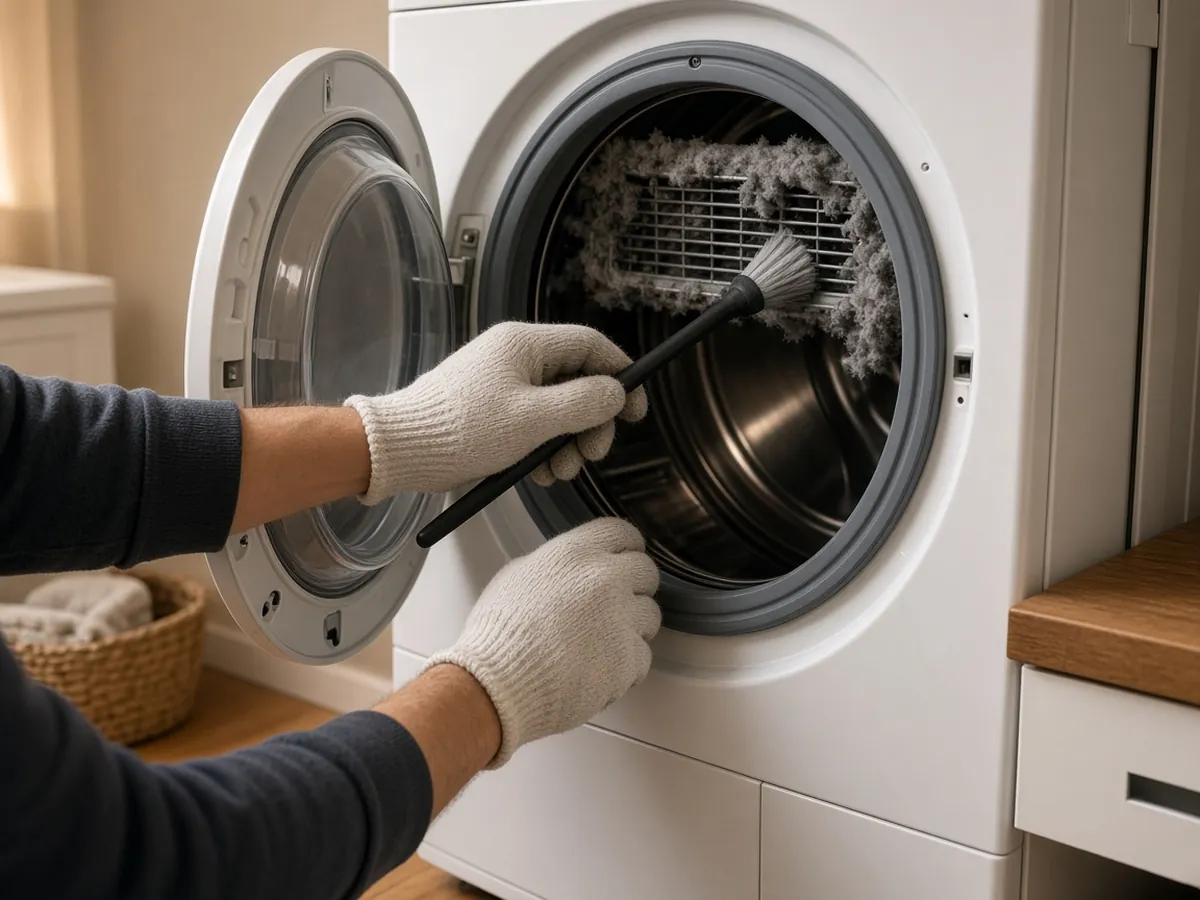 Removing lint buildup from inside an electric dryer during a repair in Etobicoke