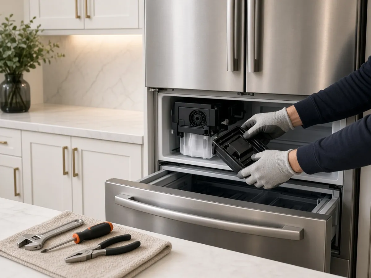 Replacing the ice maker assembly in a French-door refrigerator in an Etobicoke kitchen