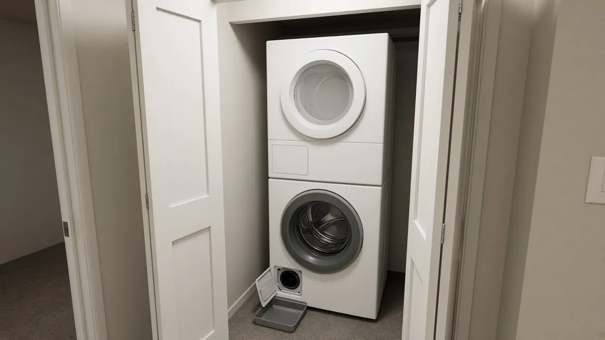 Stacked front-load washer and dryer in a condo laundry closet with the washer drain filter door open and a tray on the floor