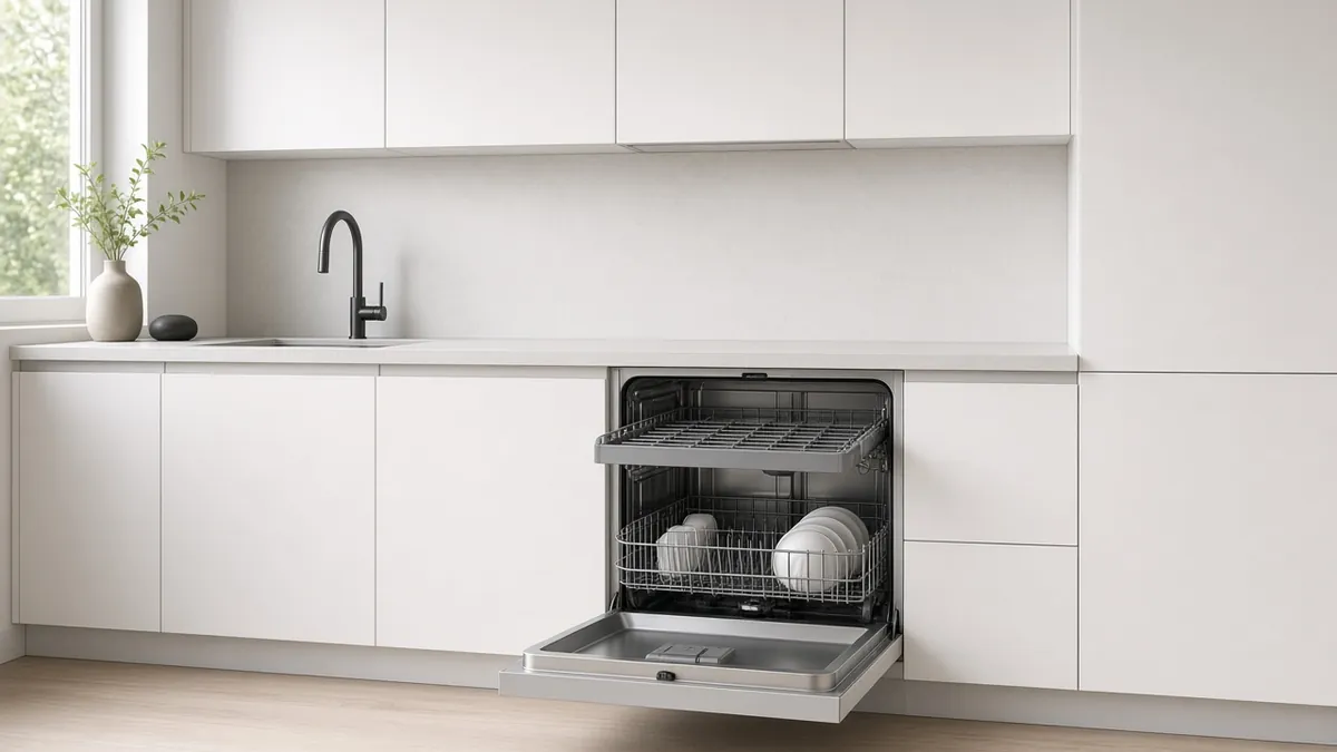 Fully integrated dishwasher with the door open in a white handleless modern kitchen