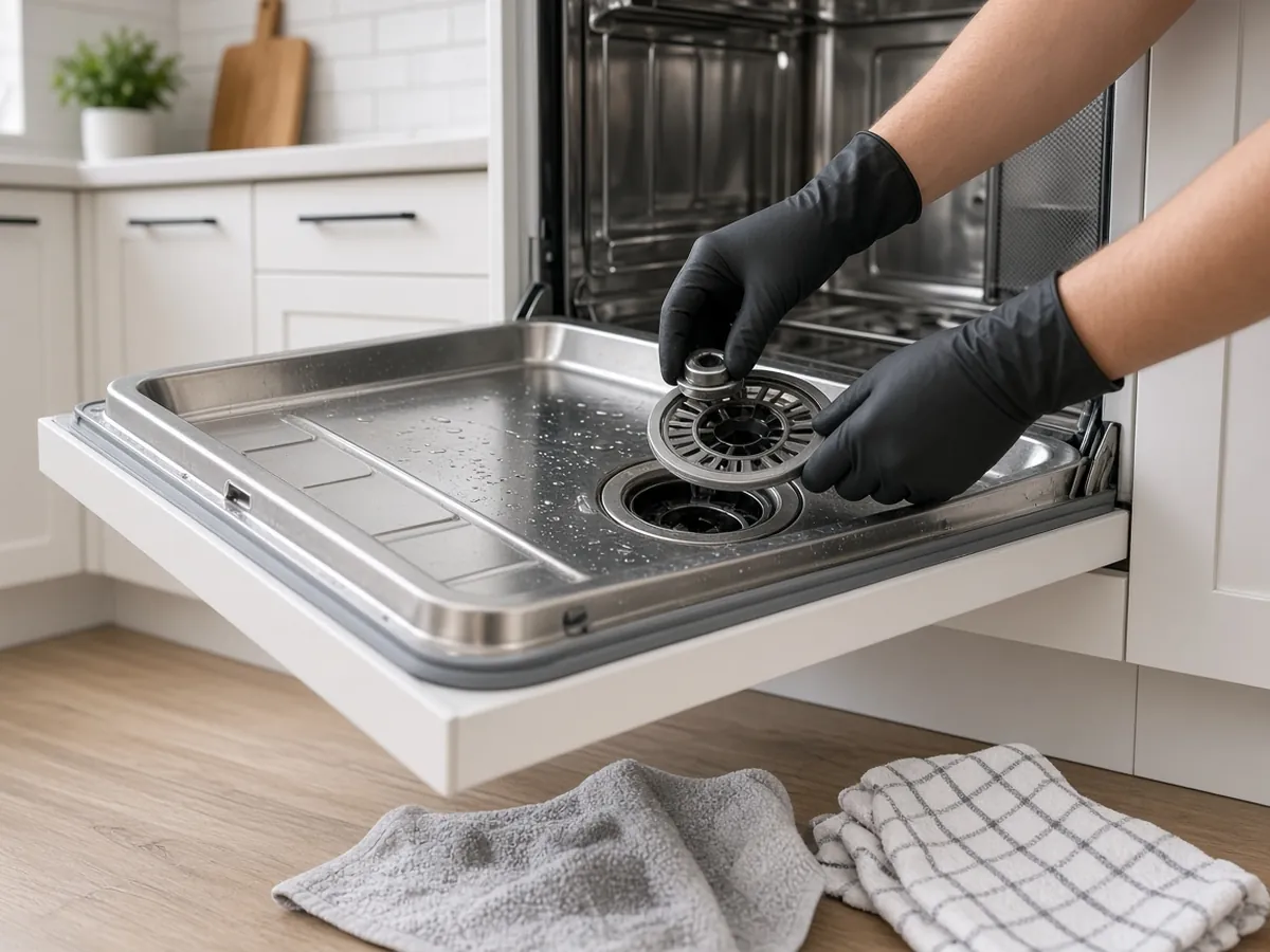 Cleaning the drain filter of a built-in dishwasher during a repair in North York