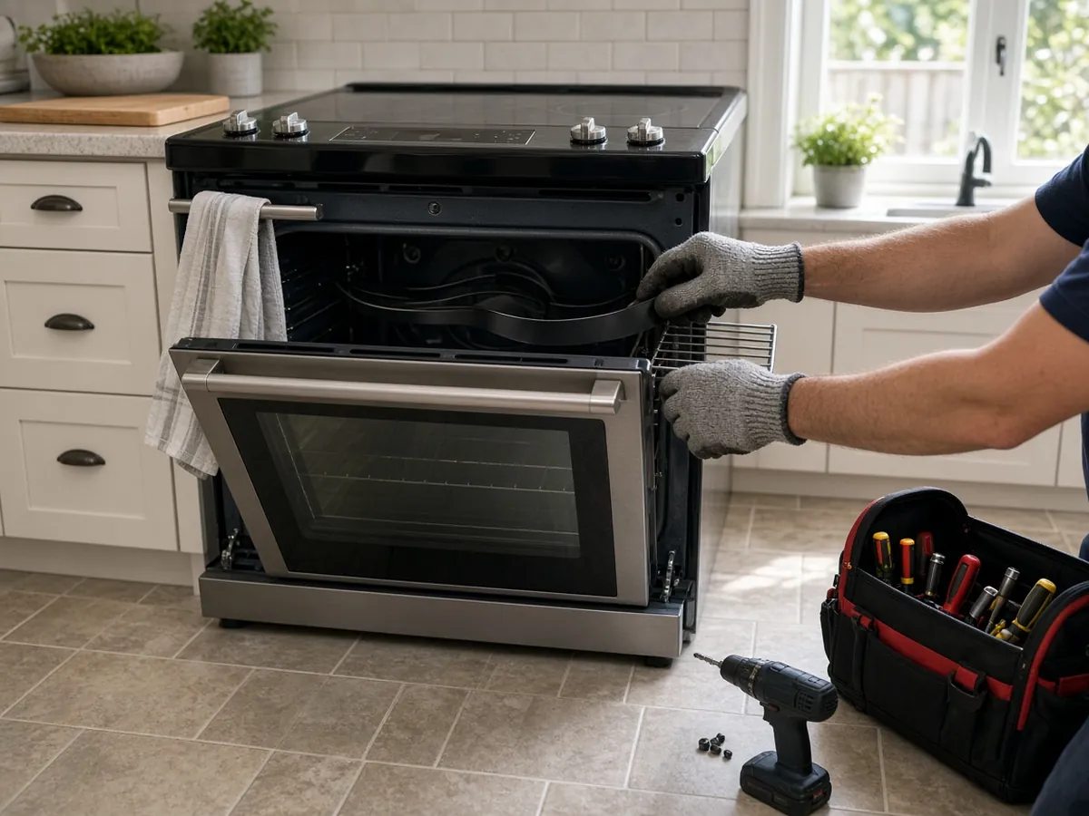 Technician replacing the bake element in an electric range in a North York home kitchen