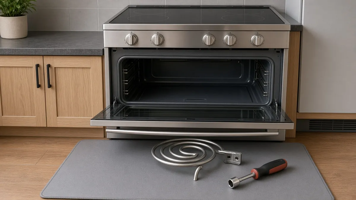 Glass-top electric range with the oven door open and a replacement bake element and nut driver on a mat in front