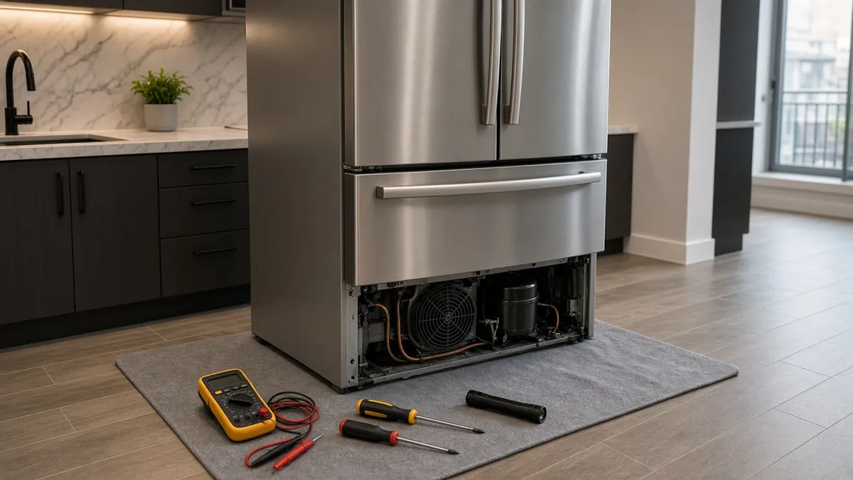 French-door refrigerator with the lower rear access panel removed, showing the compressor area and condenser fan during a repair