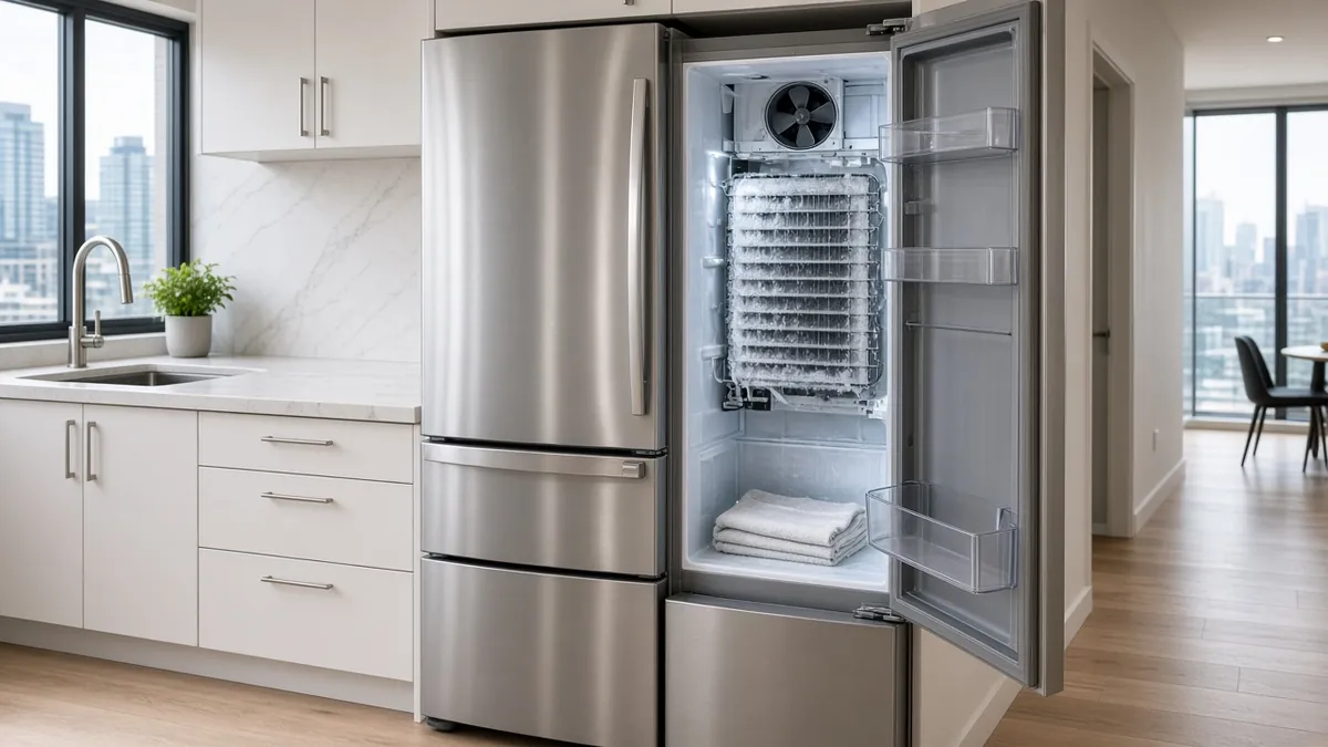 Refrigerator in a condo kitchen with the freezer rear panel removed, showing a frosted-over evaporator coil and fan