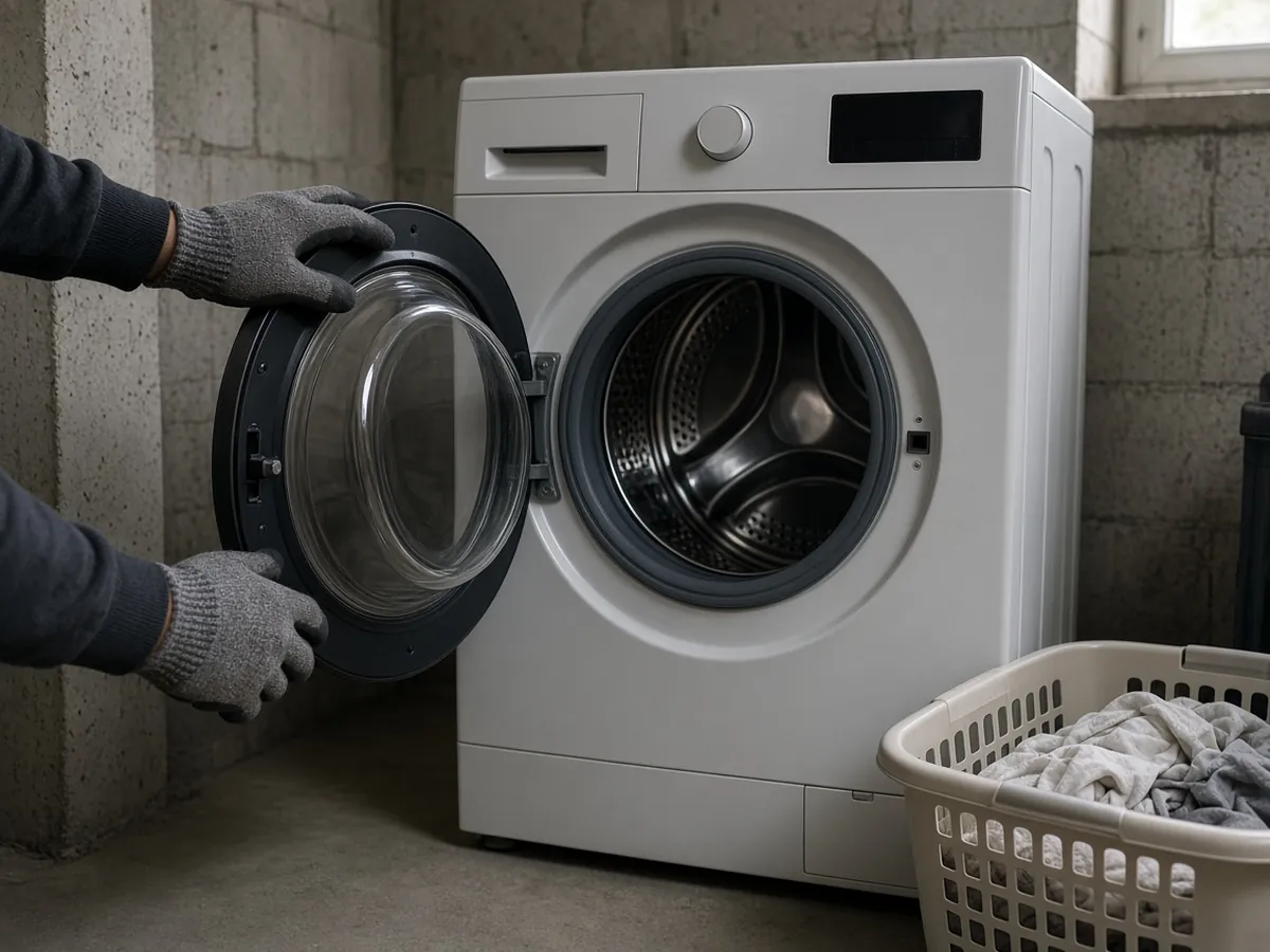 Inspecting the door seal and drum of a front-load washer in a Scarborough basement laundry room