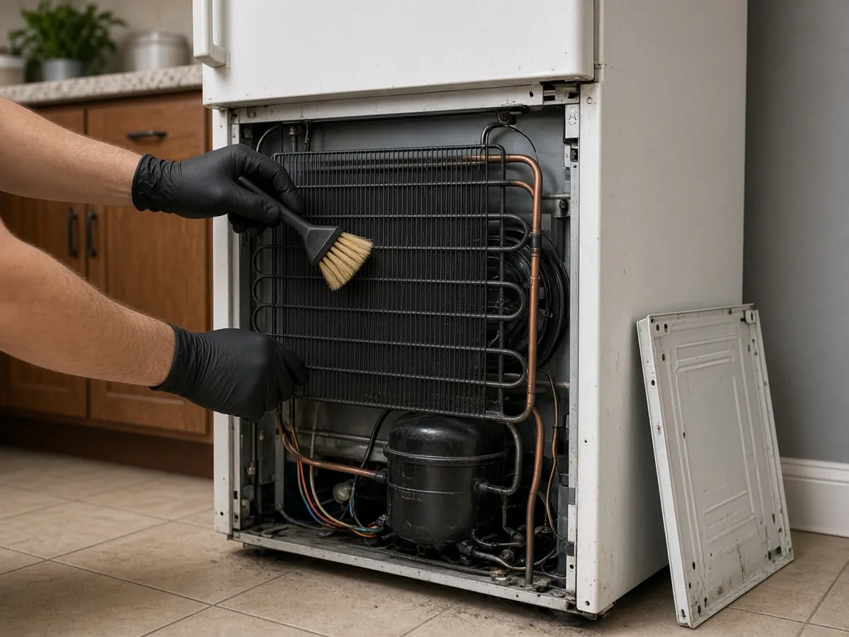 Technician cleaning dusty condenser coils behind a refrigerator in a Scarborough kitchen