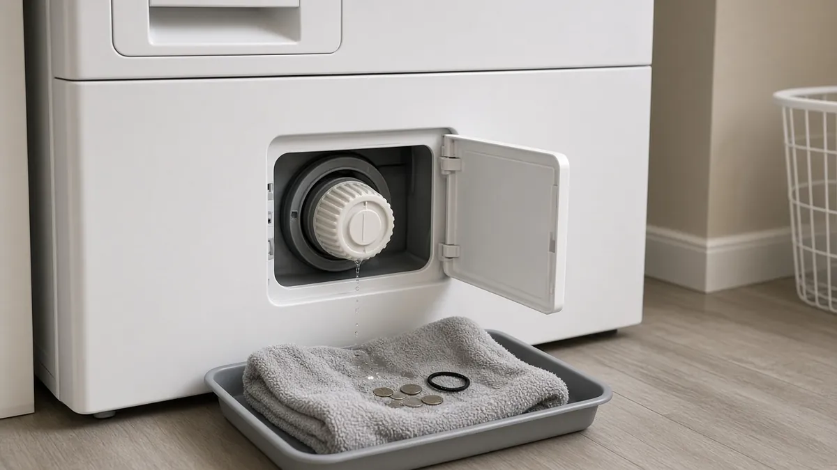 Front-load washing machine with the drain filter door open and the coins and hair tie removed from the filter laid on a towel